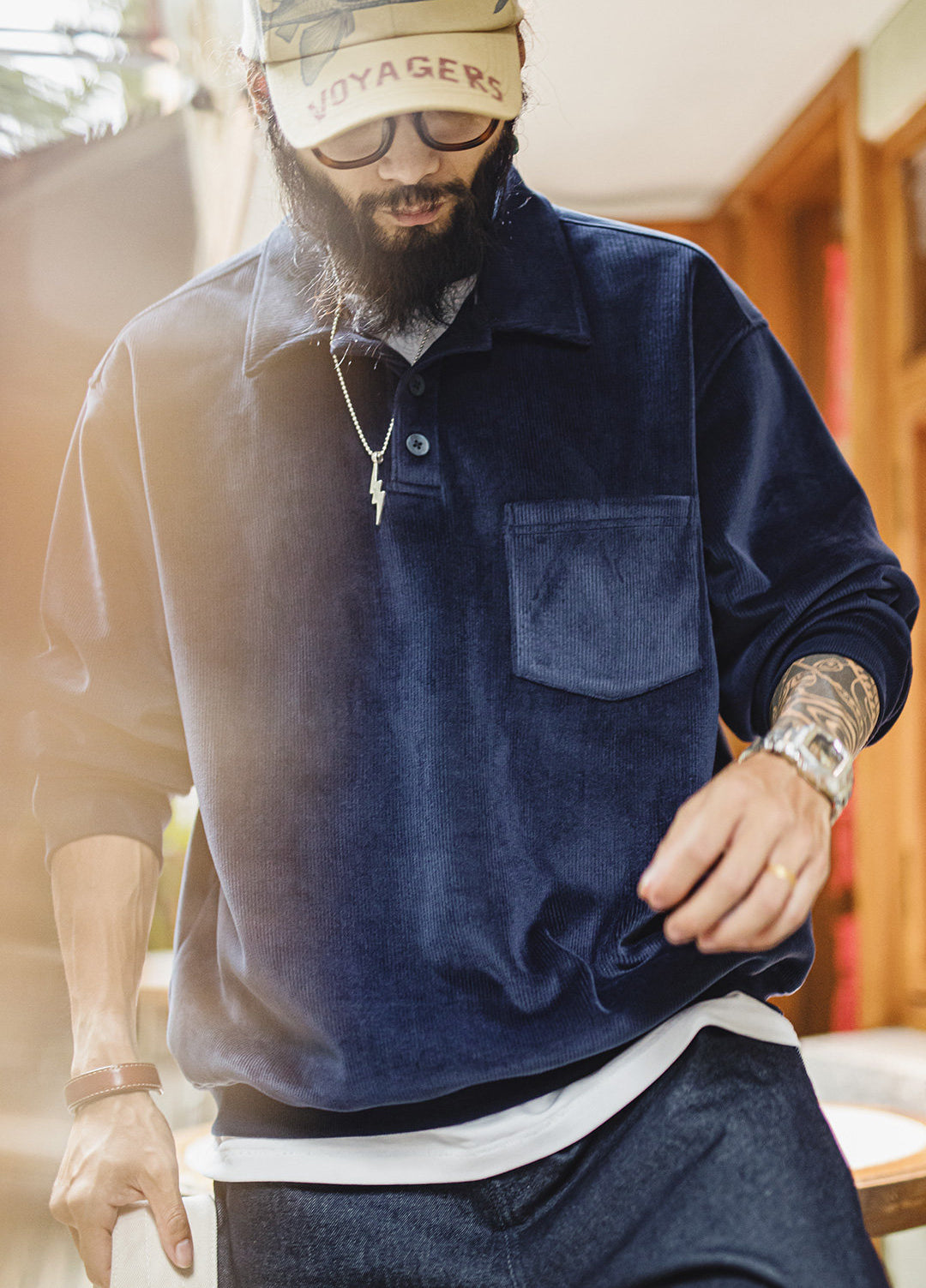 American Polo Corduroy Collarless Fleece-Lined Pullover Pocket Men's Sweater - Harmony Gallery