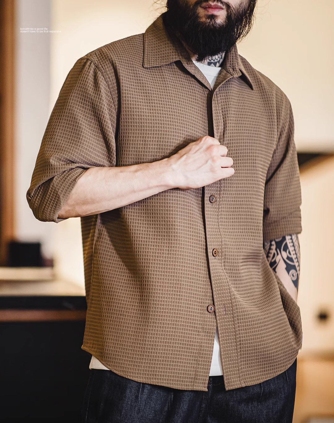 American Casual Waffle Texture Sense Anti-Wrinkle Plaid Men's Shirt - Harmony Gallery