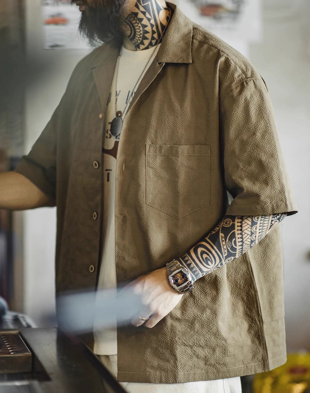 American Workwear Pleated Texture Woven Jacquard Men's Shirt - Harmony Gallery