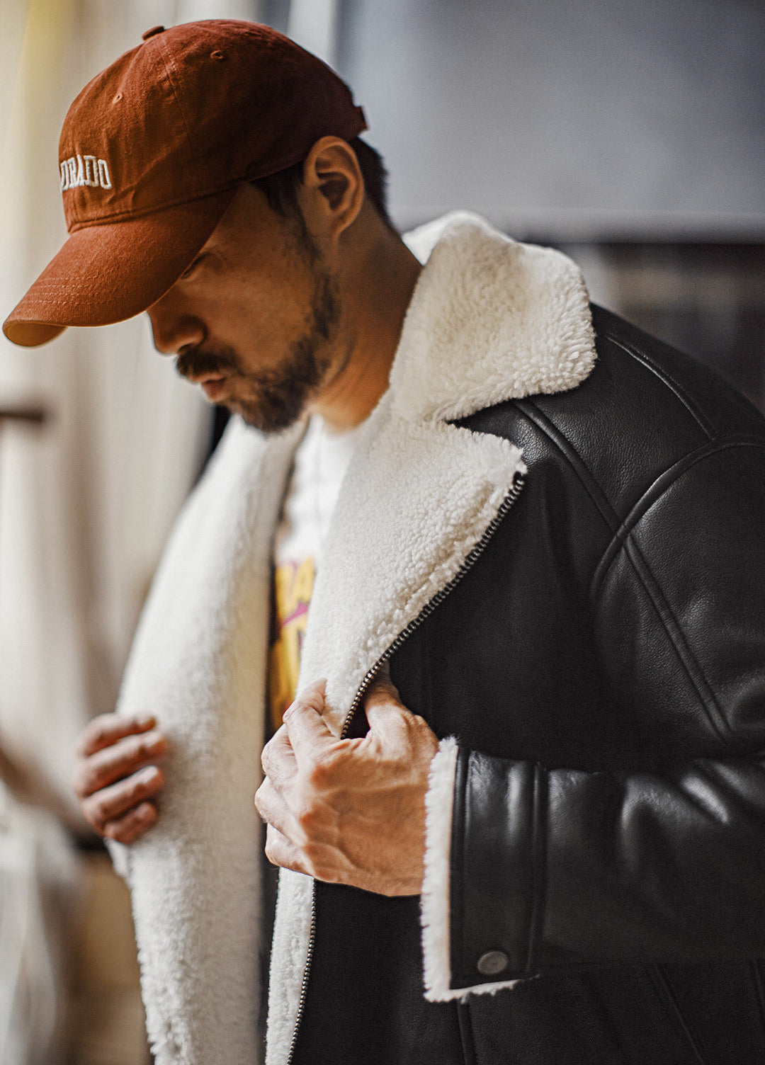 American G1 Flight Bomber Faux Textured Lambswool Lychee Leather Men's Jacket - Harmony Gallery