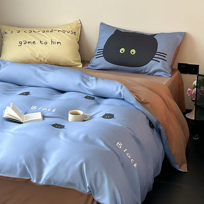 Cartoon Black Cat Pure Cotton Skin-Friendly Four-Piece Bed Set - Harmony Gallery