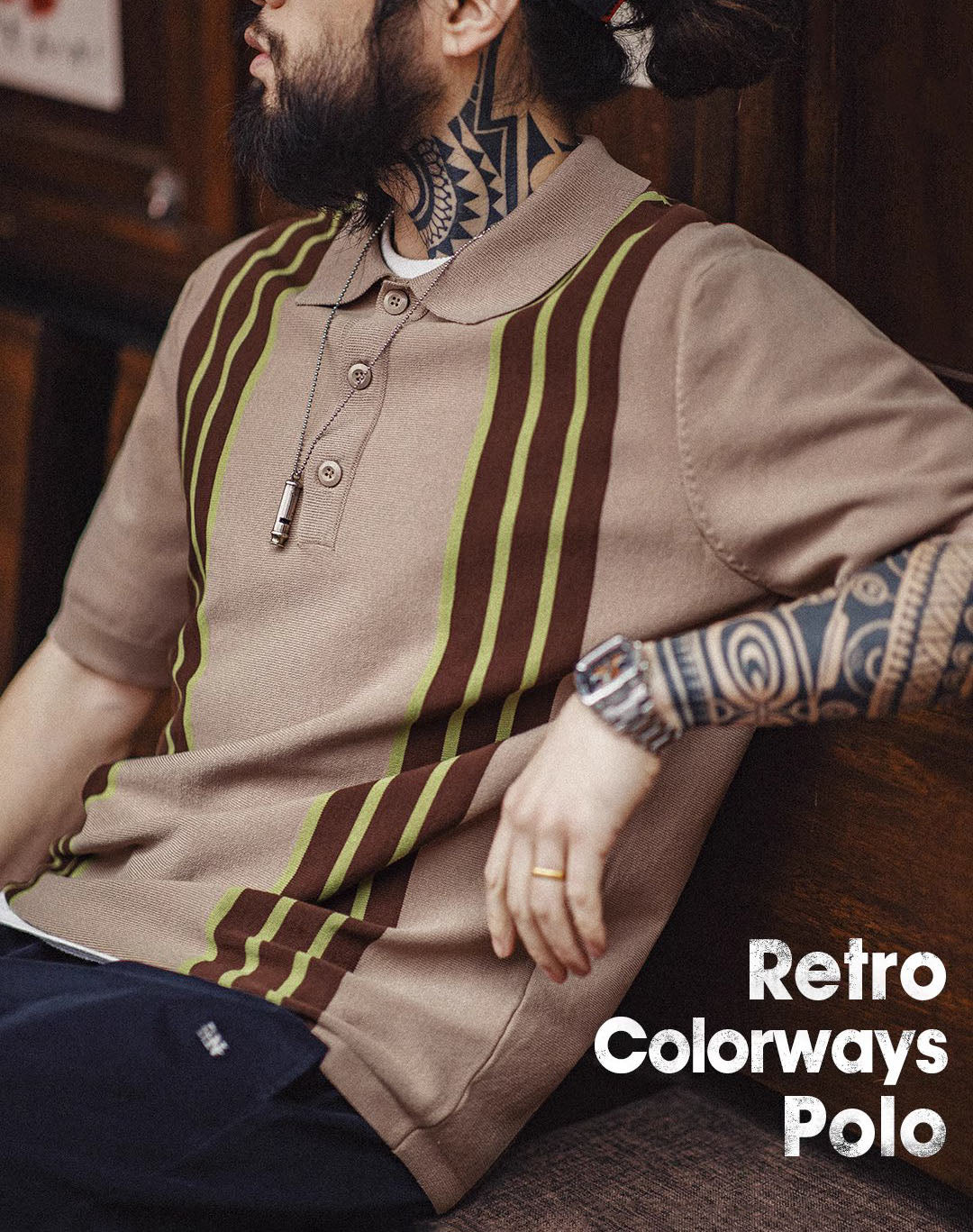 American Retro Knitted Polo Bowling Contrast Striped Men's T-Shirt - Harmony Gallery