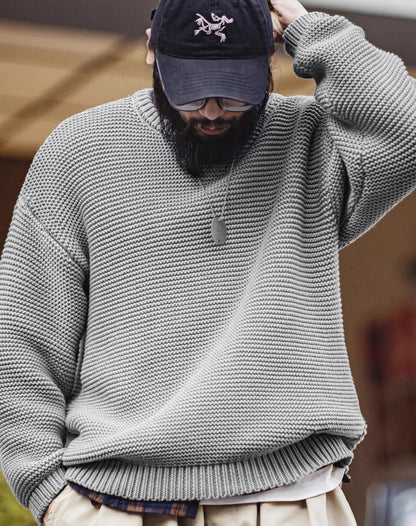 American Retro Heavy Texture Knitted Drop Shoulder Pullover Men's Sweater - Harmony Gallery