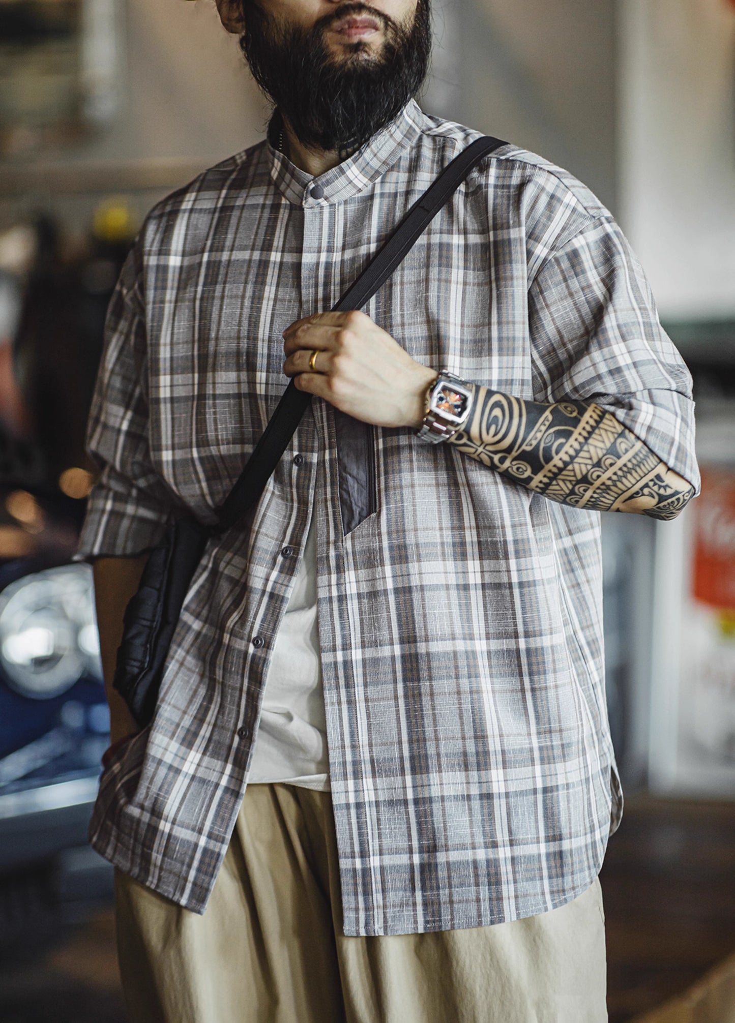 American Retro Workwear Gray Grid Yarn-Dyed Blended Men's Shirt - Harmony Gallery
