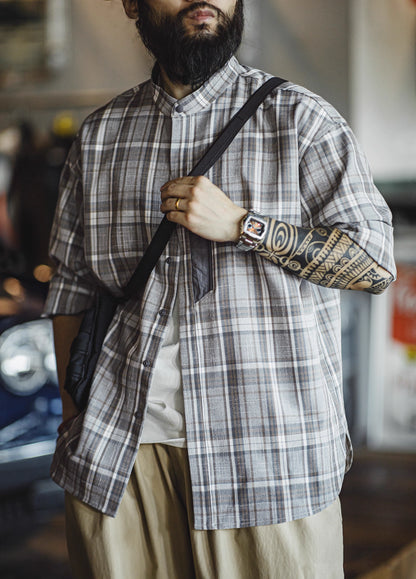 American Retro Workwear Gray Grid Yarn-Dyed Blended Men's Shirt - Harmony Gallery