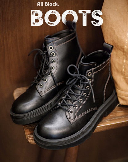 American Retro Work Black Mid-Top Thick-Soled Brogue Men's Boot - Harmony Gallery