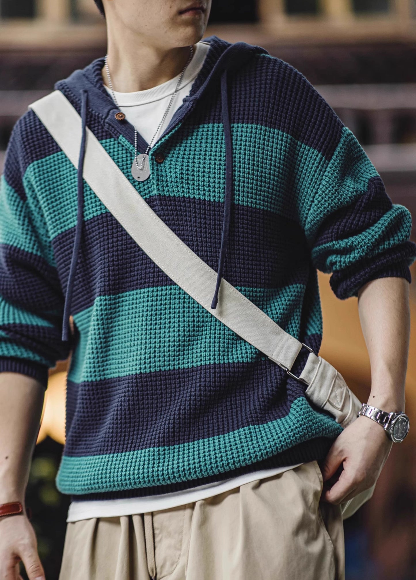 American Contrast Striped Hooded College Popularity Pullover Men's Sweater - Harmony Gallery