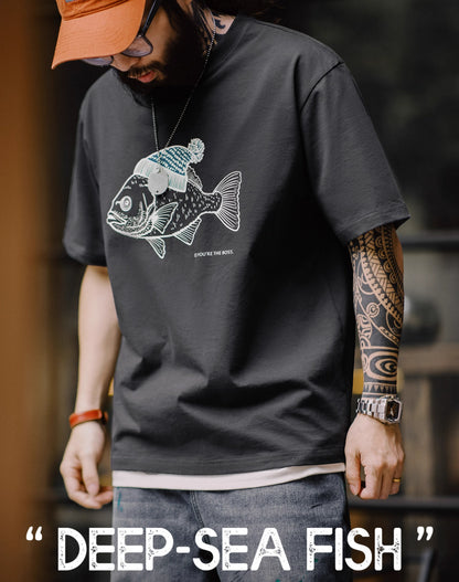 American Retro Deep Sea Fish Flocking Print Animal Men's T-Shirt - Harmony Gallery