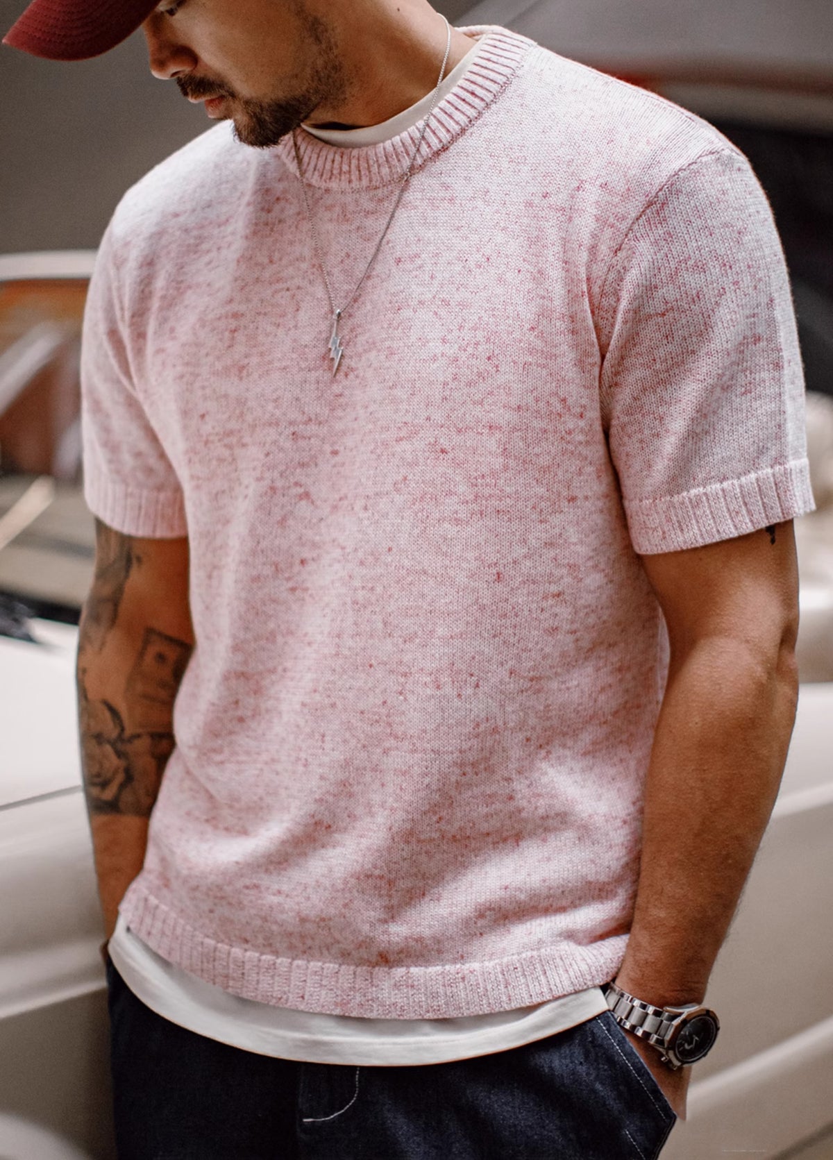 American Mottled Pink Knitted Drape Breathable Thin Threaded Neckline Men's T-Shirt - Harmony Gallery