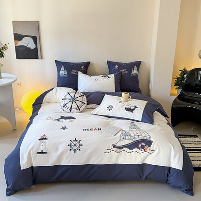 Cute Cartoon Brushed Boy Embroidered Pure Cotton Four-Piece Bed Set - Harmony Gallery
