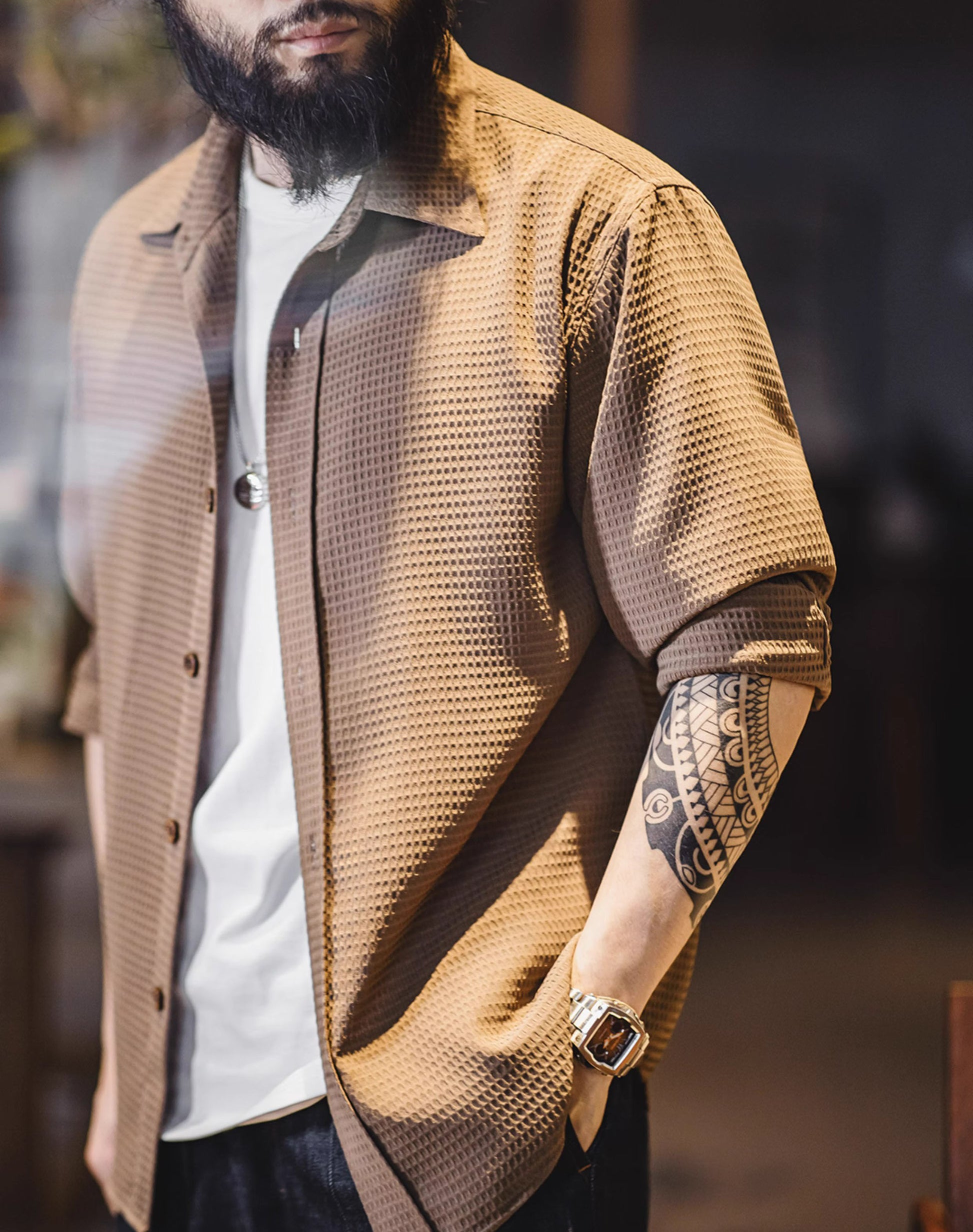 American Casual Waffle Texture Sense Anti-Wrinkle Plaid Men's Shirt - Harmony Gallery