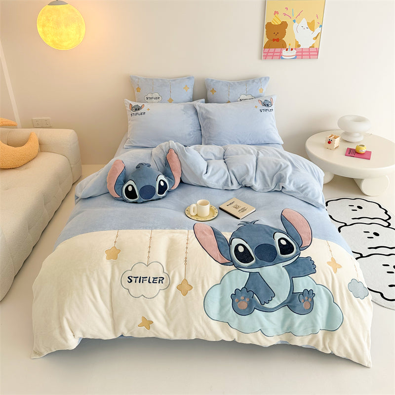 Cartoon Stitch Milk Velvet Winter Heat Storage Four-Piece Bed Set - Harmony Gallery