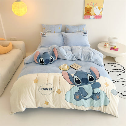Cartoon Stitch Milk Velvet Winter Heat Storage Four-Piece Bed Set - Harmony Gallery