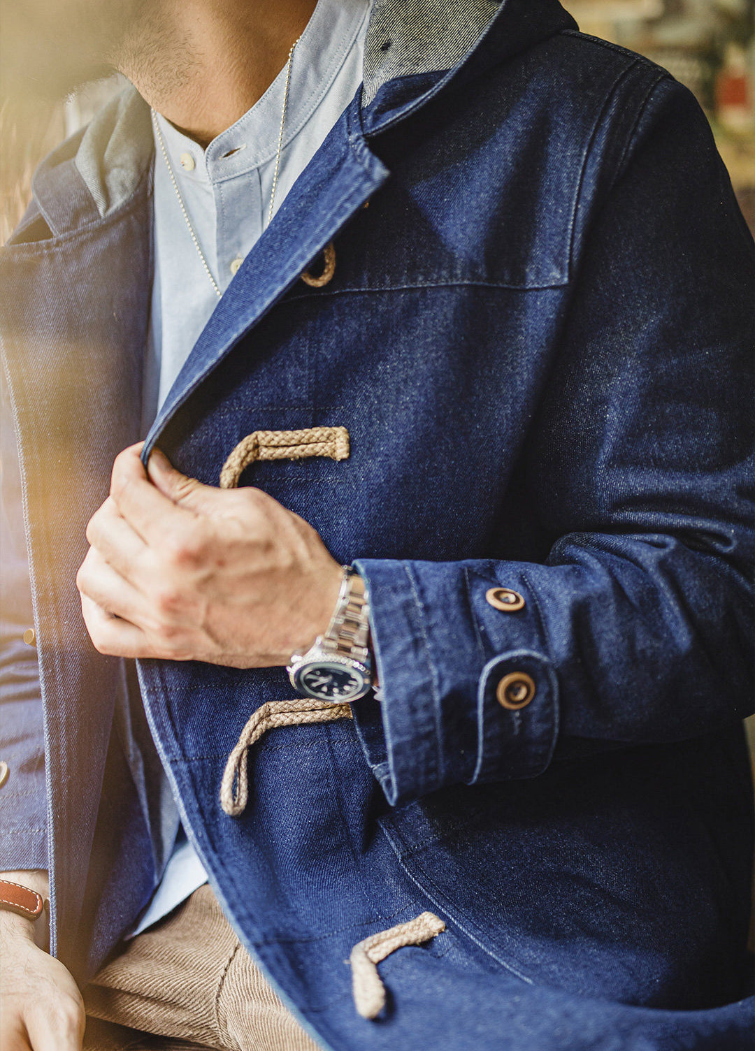 American Horn Button Hooded Windbreaker Mid-Length Denim Men's Coat