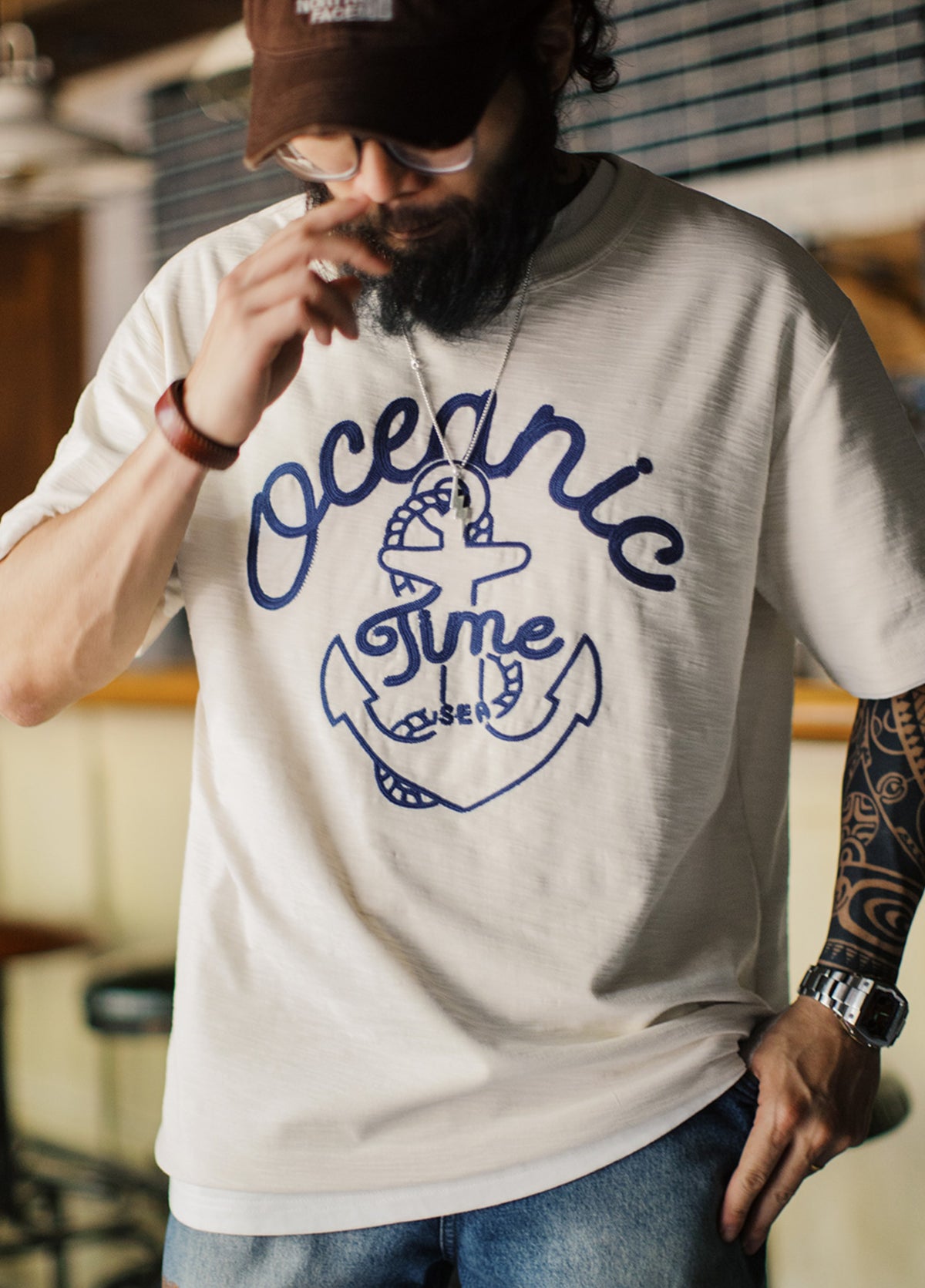 American Retro Navy Embroidered Heavy Bamboo Ribbed Collar Men's T-Shirt - Harmony Gallery