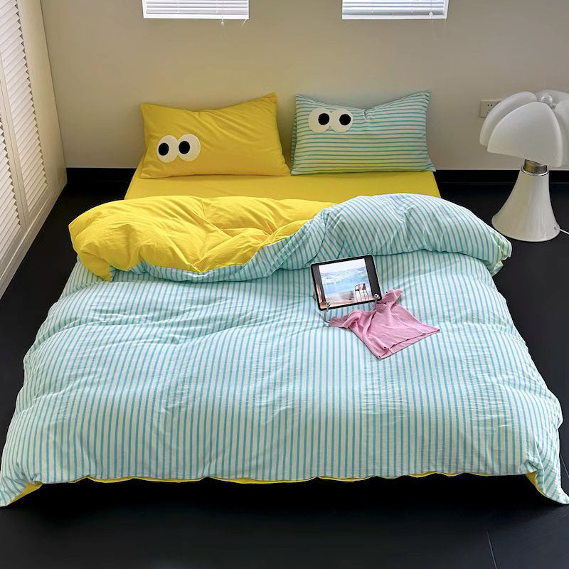 Big Eyes Contrasting Color Washed Four-Piece Pure Cotton Bed Set - Harmony Gallery