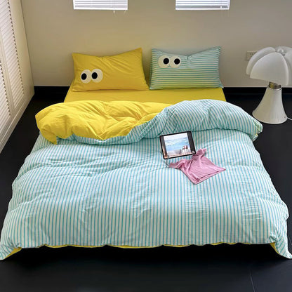 Big Eyes Contrasting Color Washed Four-Piece Pure Cotton Bed Set - Harmony Gallery