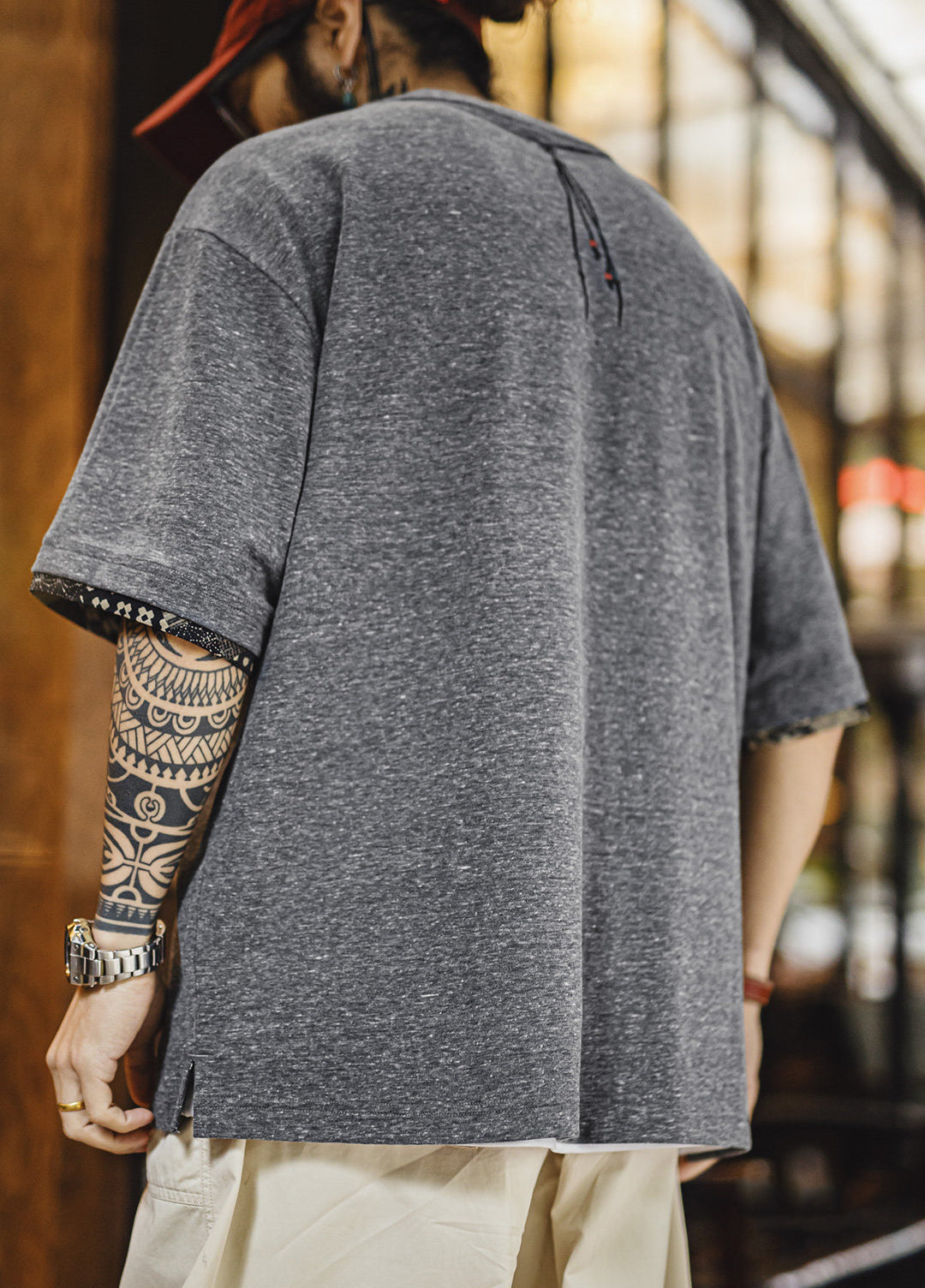American Retro Printed Fabric Animal Patterns Patchwork Knit Men's T-Shirt