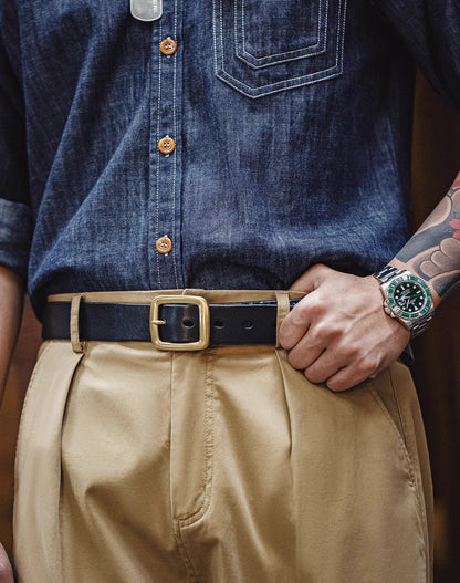 Retro Workwear Ancient Printed Tanned Cowhide Men's Belt - Harmony Gallery
