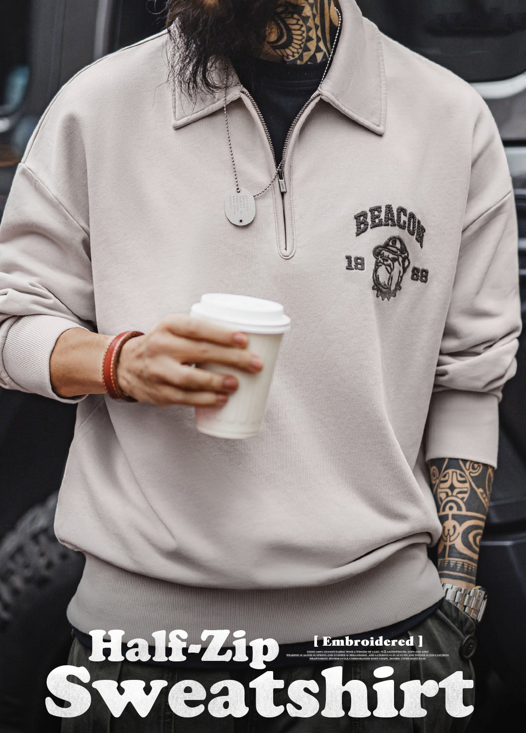 American Retro Three-Dimensional Embroidery Half-Zip Pullover Polo Men's Sweater - Harmony Gallery