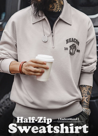 American Retro Three-Dimensional Embroidery Half-Zip Pullover Polo Men's Sweater - Harmony Gallery