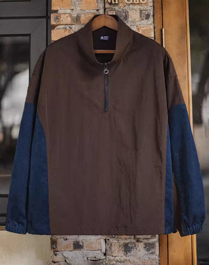 American Retro Stitching Half-Zipper Contrast Color Corduroy Pleated Men's Sweater - Harmony Gallery