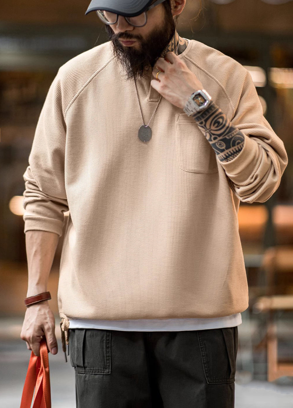 American Retro Waffle Knitted Henry Loose Raglan Half-Open Men's Sweater - Harmony Gallery