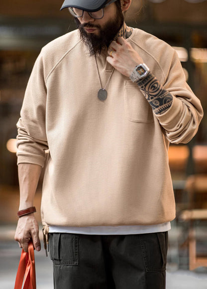 American Retro Waffle Knitted Henry Loose Raglan Half-Open Men's Sweater - Harmony Gallery