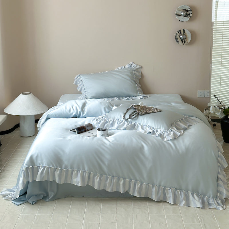 French Lotus Leaf Lace Four-Piece Ice Silky Nude Sleeping Bed Set - Harmony Gallery