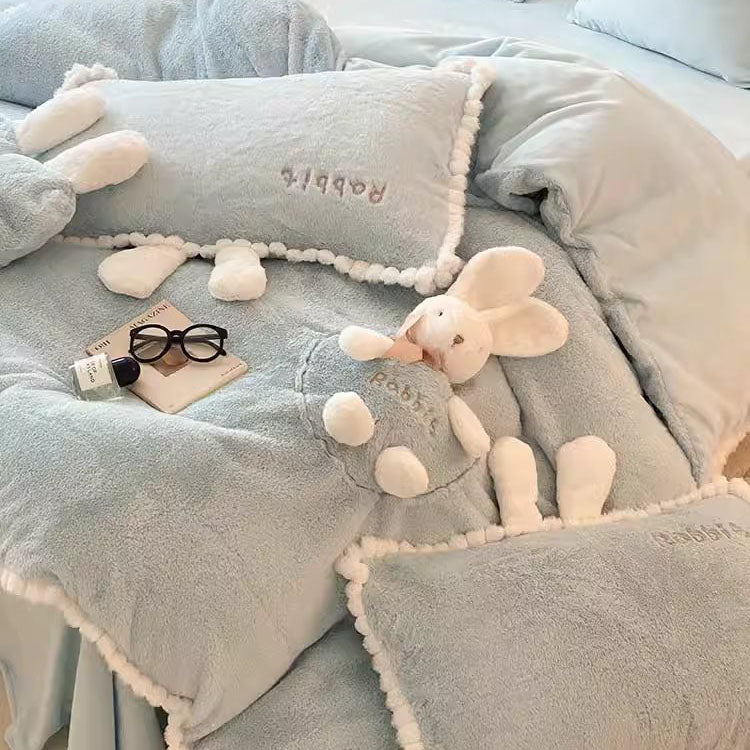 Cute Cartoon Rabbit Velvet Warm Double-Sided Four-Piece Bed Set - Harmony Gallery