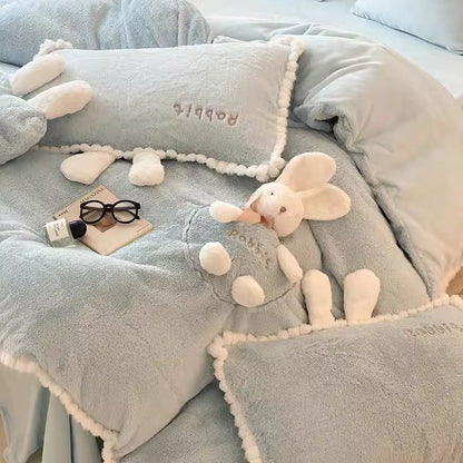 Cute Cartoon Rabbit Velvet Warm Double-Sided Four-Piece Bed Set - Harmony Gallery
