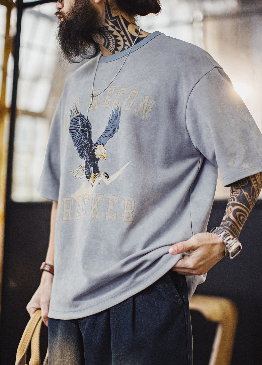 American Retro Print Distressed Batik Blue Drop Shoulder Men's T-Shirt