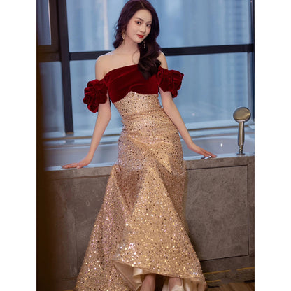 Luxurious Red and Gold Off-Shoulder Sequined Evening Gown - Harmony Gallery