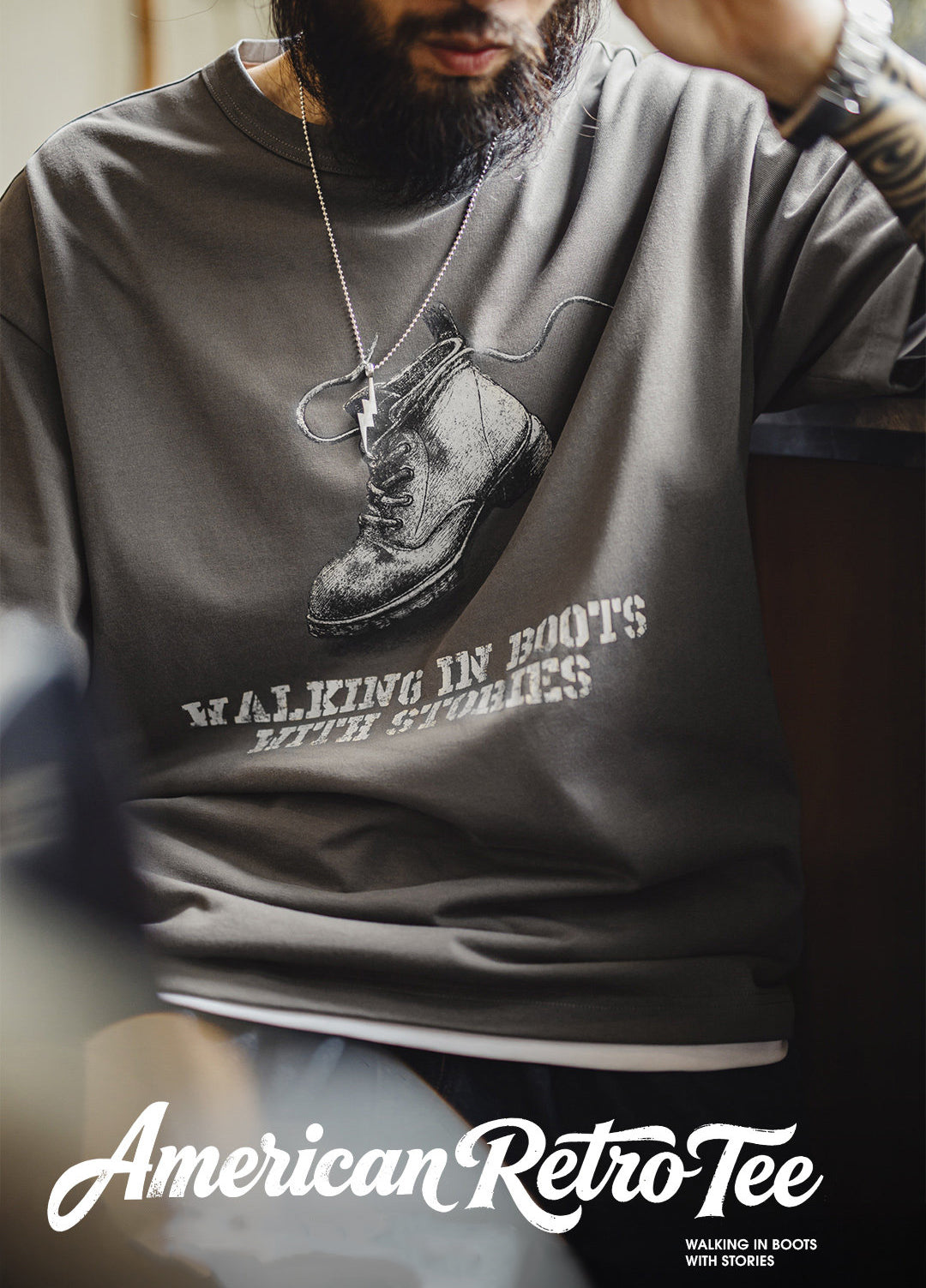 American Retro Print Distressed Loose Gray Brushed Daily Men's T-Shirt