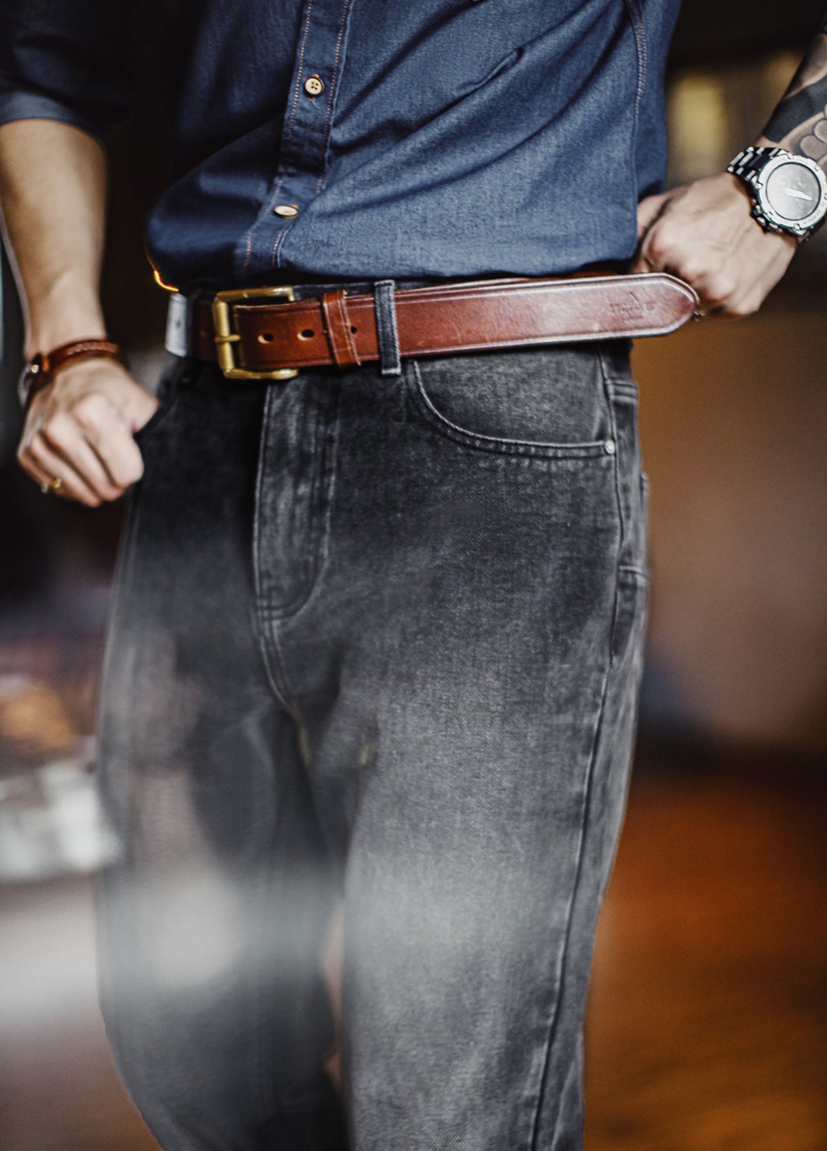 American Casual Washed Distressed Straight Slightly Tapered Carrot Men's Jeans - Harmony Gallery