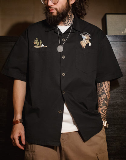 American Retro Embroidered Black Pure Cotton Half Sleeves Men's Shirt - Harmony Gallery