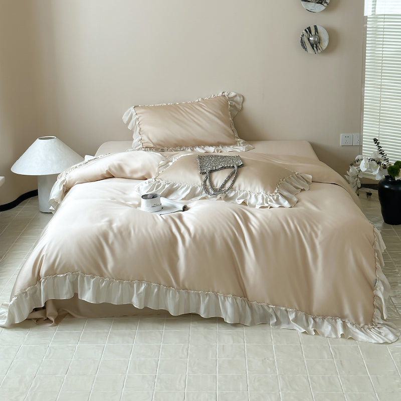French Lotus Leaf Lace Four-Piece Ice Silky Nude Sleeping Bed Set - Harmony Gallery