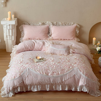 French Romantic Heavy-Duty Four-Piece Warm Double-Sided Coral Fleece Bed Set - Harmony Gallery