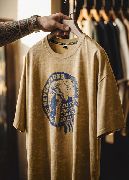 American Retro Batik Print  Distressed Wood Brown Daily Men's T-Shirt