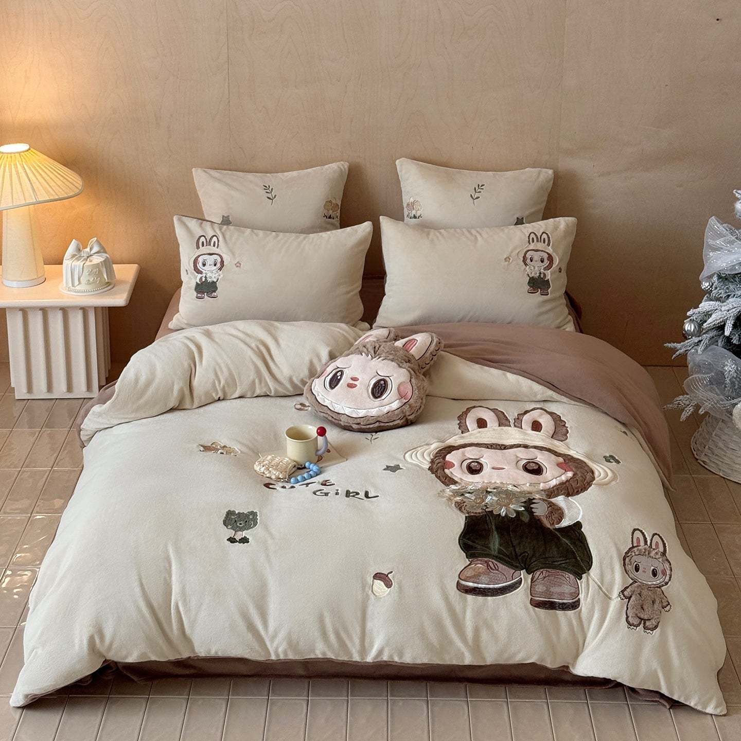 Labubu Monster Cartoon Coral Fleece Warm Double-Sided Thick Four-Piece Bed Set - Harmony Gallery