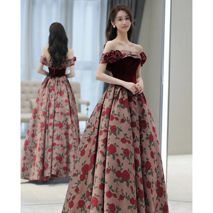 Vintage Rose Pattern Off-Shoulder Velvet Evening Gown - Harmony Gallery