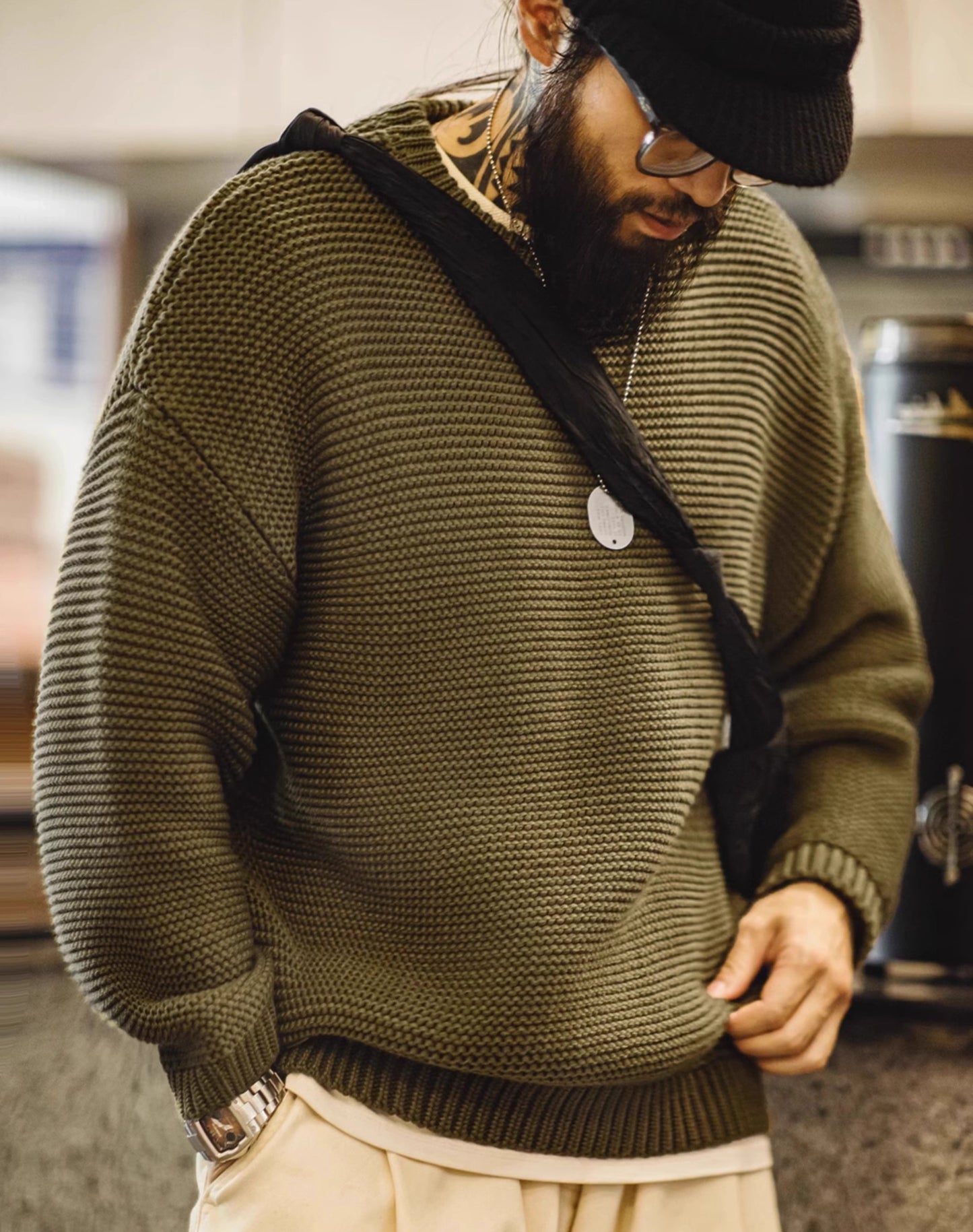 American Retro Heavy Texture Knitted Drop Shoulder Pullover Men's Sweater - Harmony Gallery