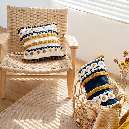 Nautical Charm Gold Accent Textured Throw Pillows with Pom-Pom Details - Harmony Gallery