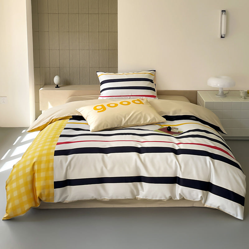 Nordic Simple Contrast Stripes Four-Piece Satin Pure Cotton Bed Set - Harmony Gallery