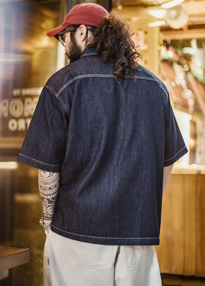 American Retro Boro Denim Resurgence Blue Dye Lapel Men's Shirt - Harmony Gallery