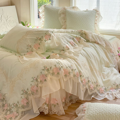 French Princess Cotton Long-Staple Four-Piece Lace Trim Mattress Protector Bed Set - Harmony Gallery