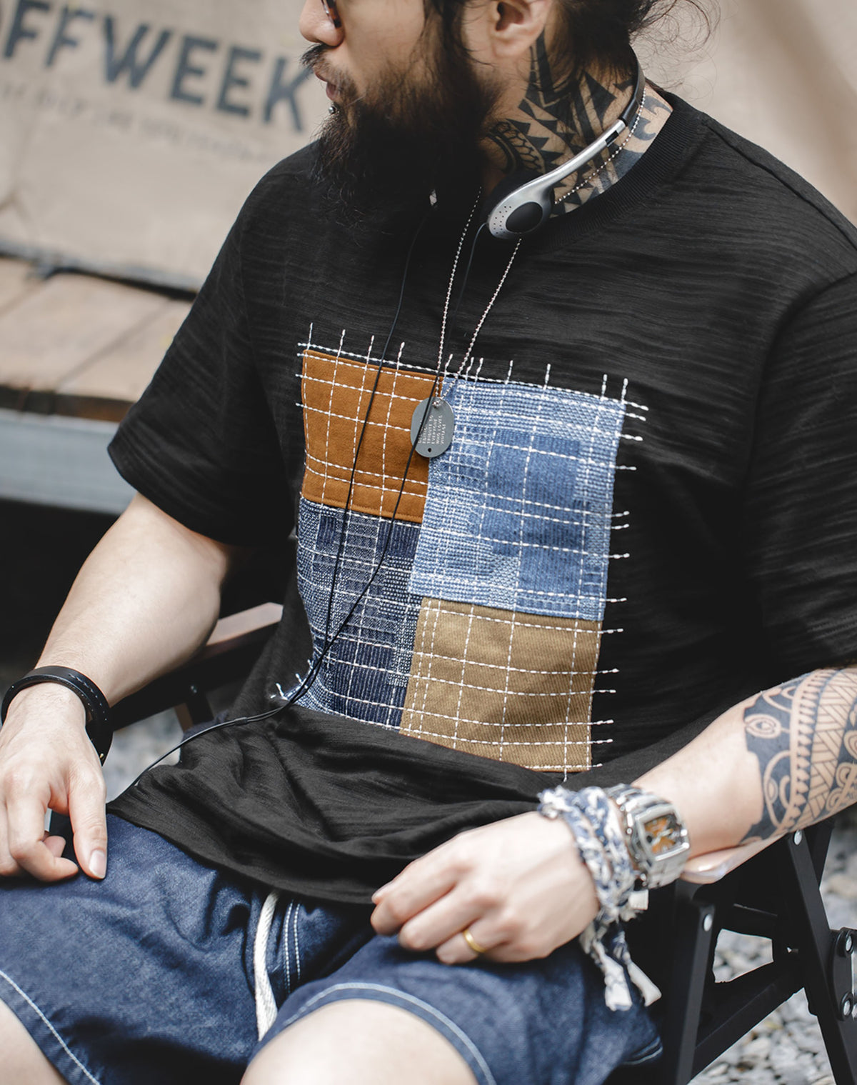 Retro Patchwork Bamboo Color Contrast Cotton Men's T-Shirt - Harmony Gallery