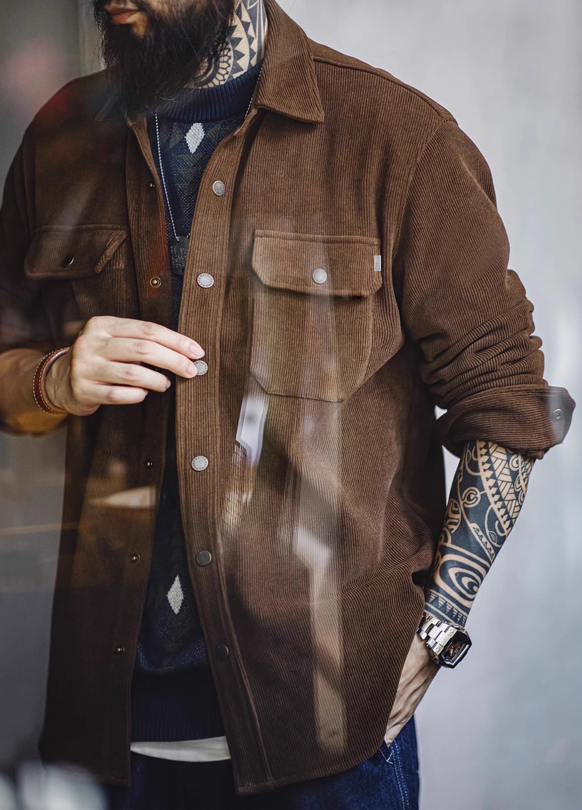 American Retro Heavy Knitted Corduroy Imitation Jacket Men's Shirt - Harmony Gallery
