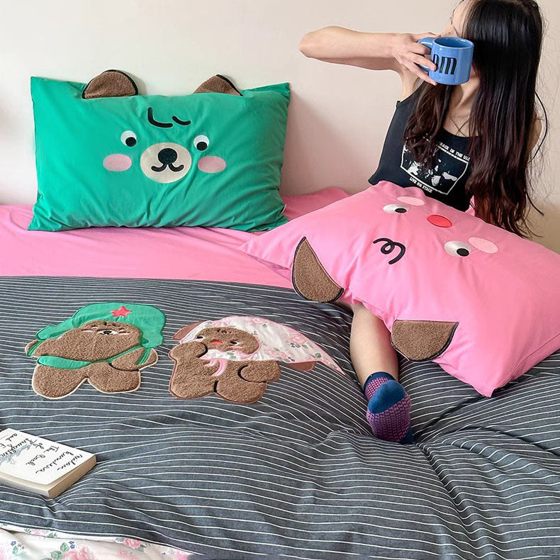 Cute Cartoon Creative Contrasting Color Washed Four-Piece Cotton Bed Set - Harmony Gallery