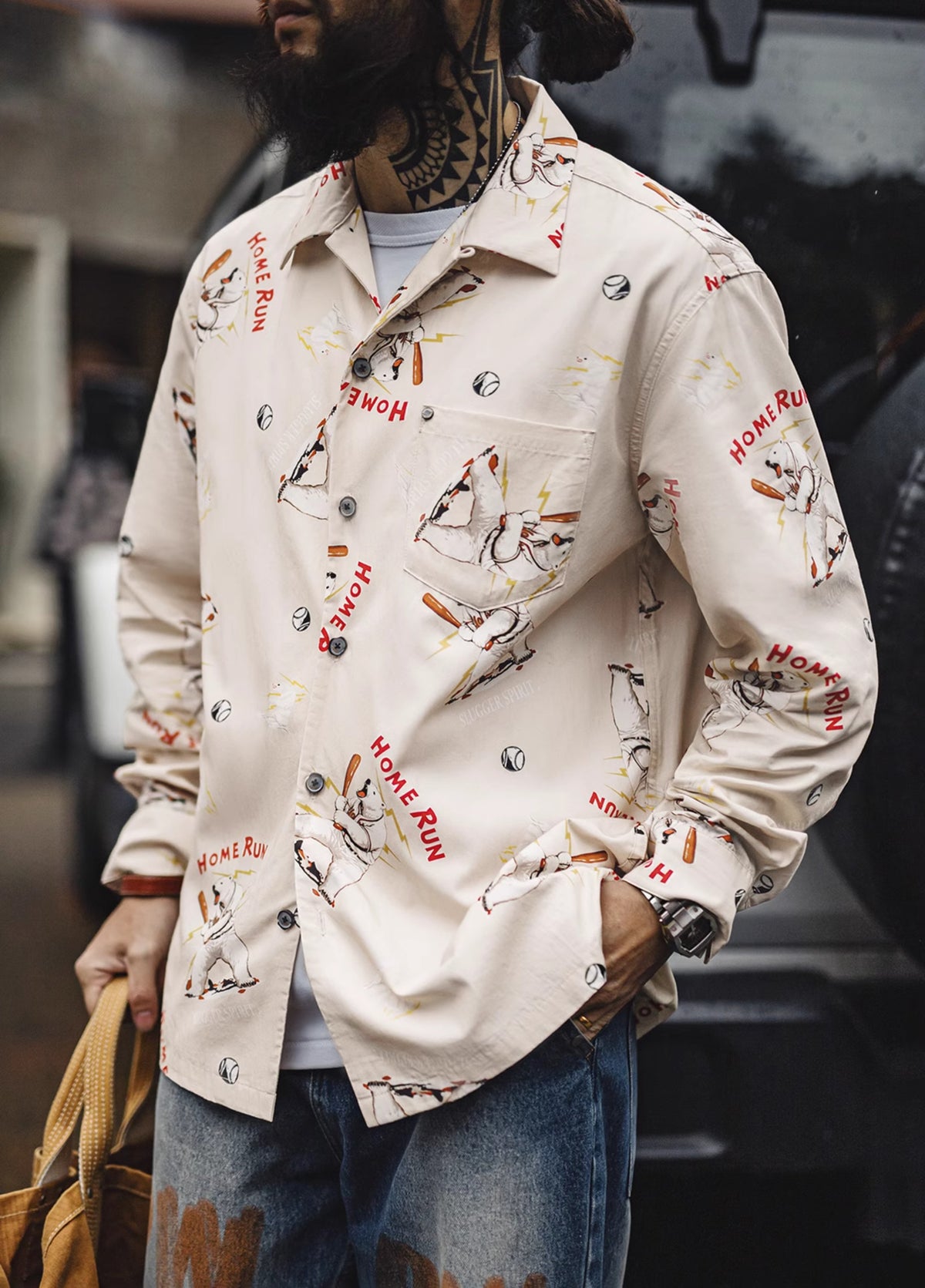 American Retro Cuban Collar Polar Bear Blended Cardigan Outerwear Men's Shirt - Harmony Gallery